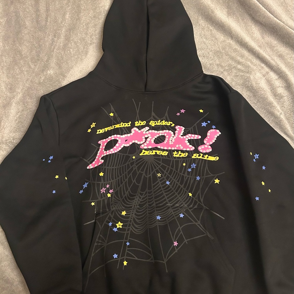 Black Graphic Hoodie with Pink and Yellow Accents